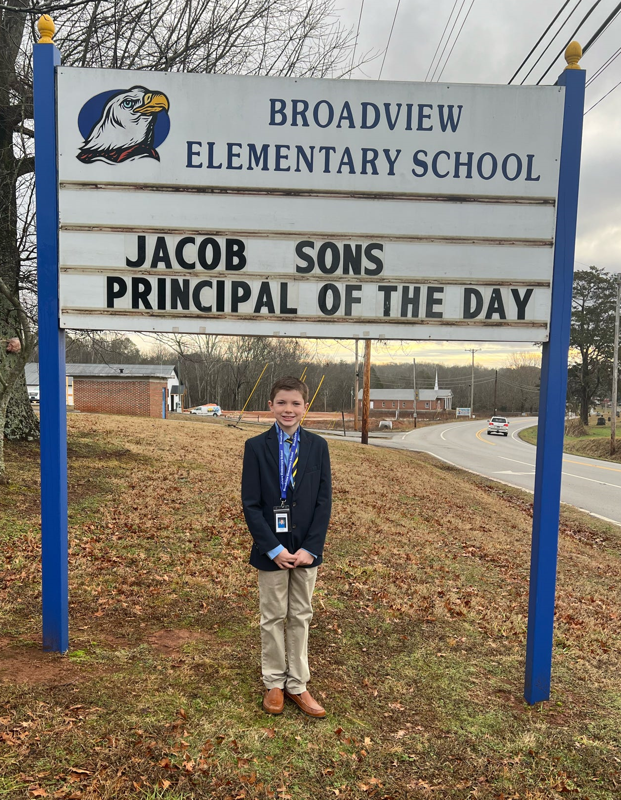 Jacob Sons was Principal for the Day for winning Broadview Elementaries school-wide Walk-a-Thon.