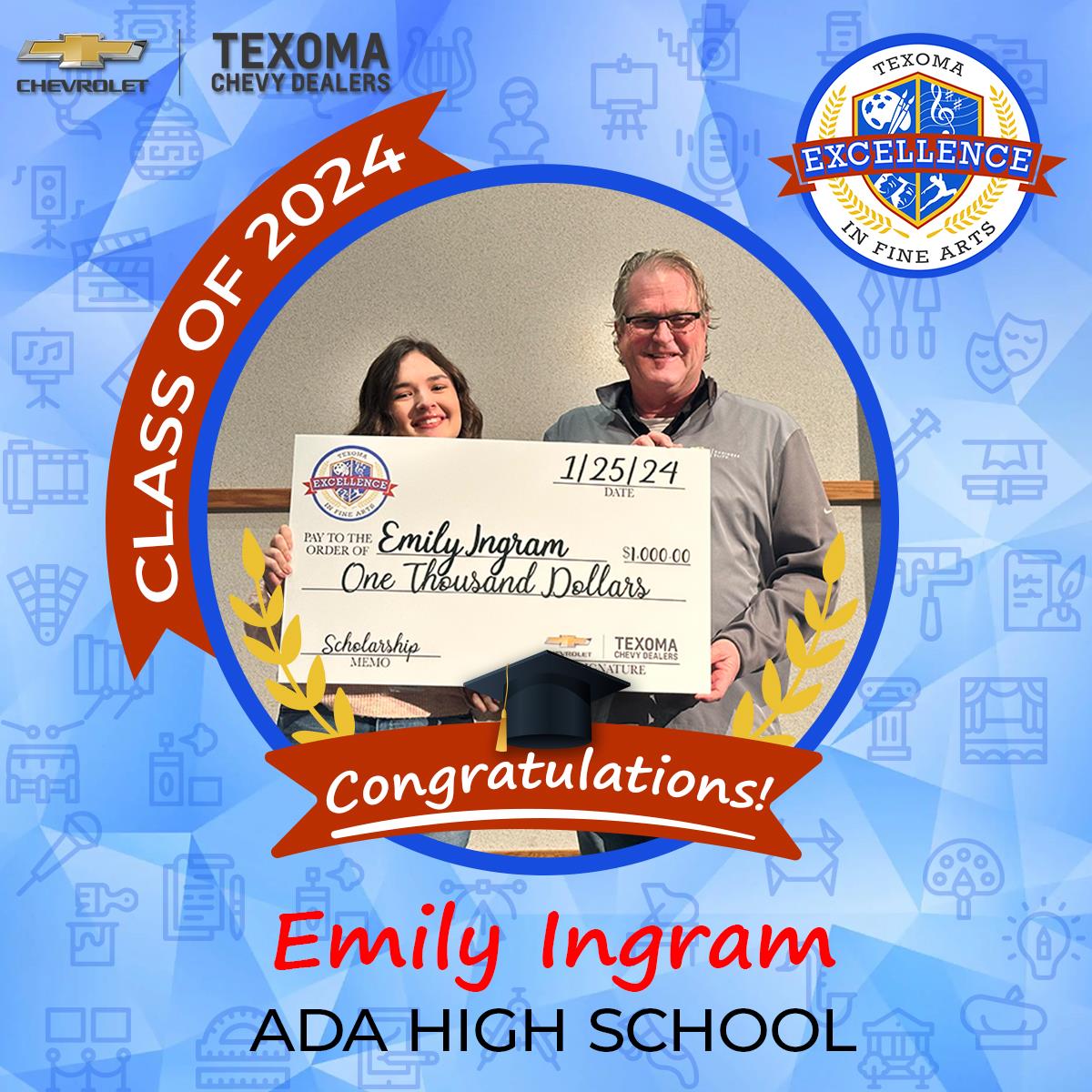 Emily Ingram receives a $1,000 scholarship from Seth Wadley