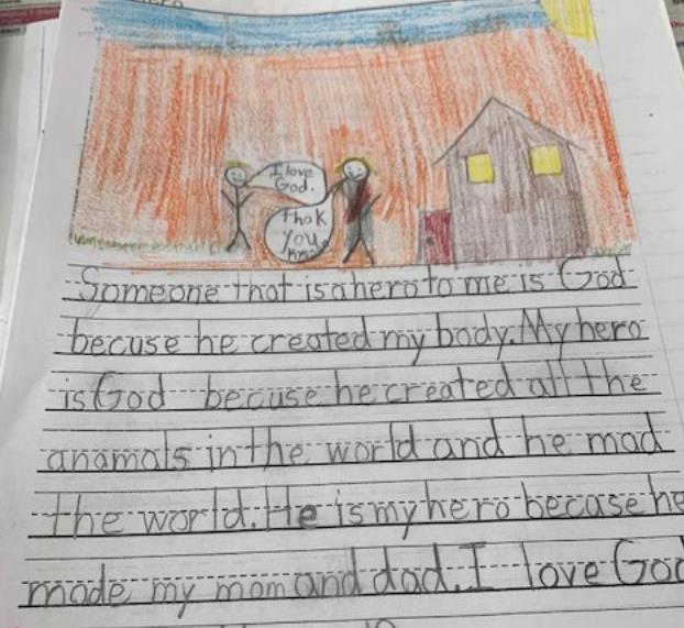 Lower grade students writes about God as their hero.