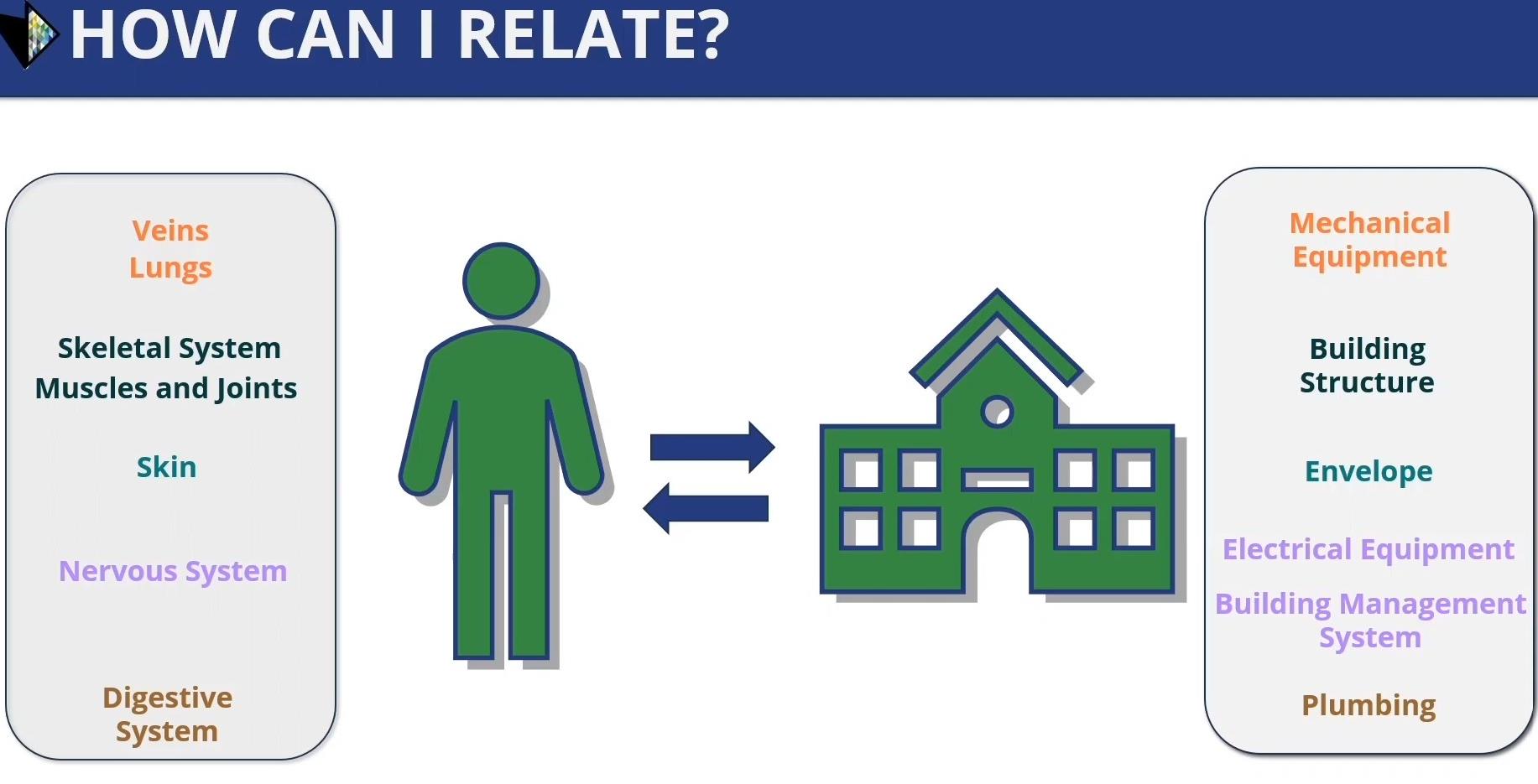 A slide that shows how the human body relates to building assessments A slide that shows how the human body relates to building assessments