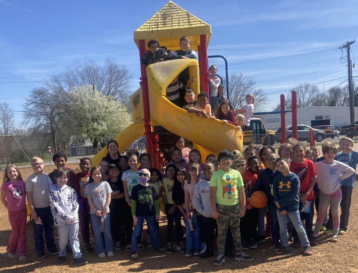 Pictured is our winning 3rd graders with teacher Mrs. Brandon outside on the playground