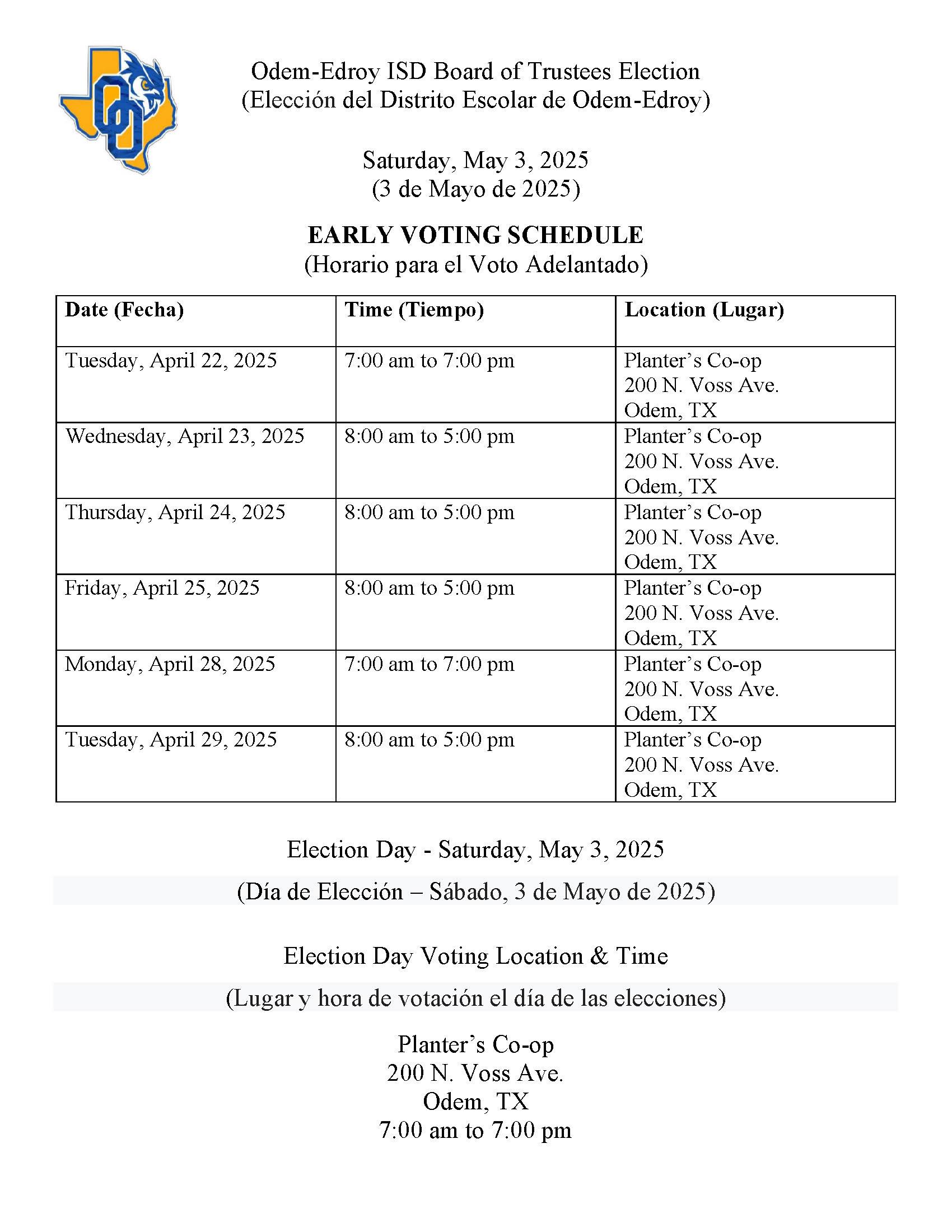 Early Voting Schedule Early Voting Schedule