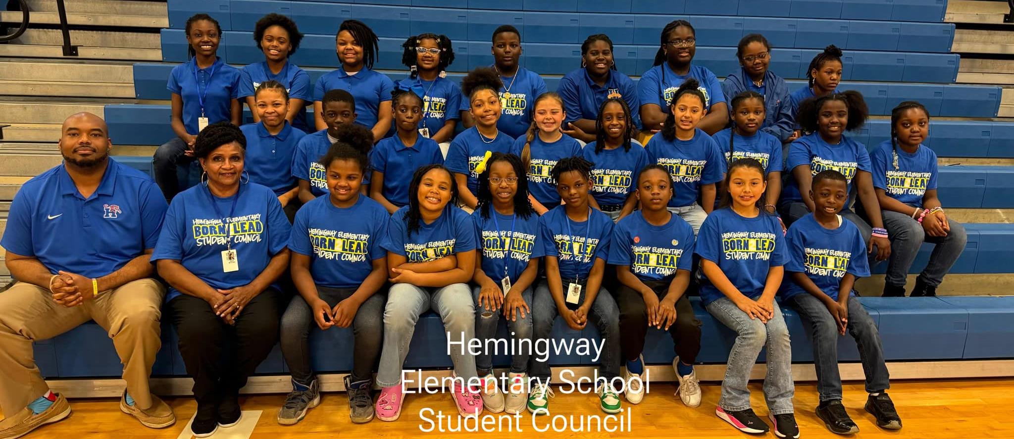 Hemingway Elementary Student Council 2023-2024. elementary students pictured along with school principal and guidance counselor