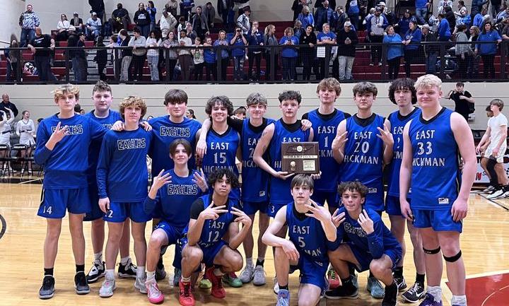 EHHS Boys posing with their District Championship Trophy