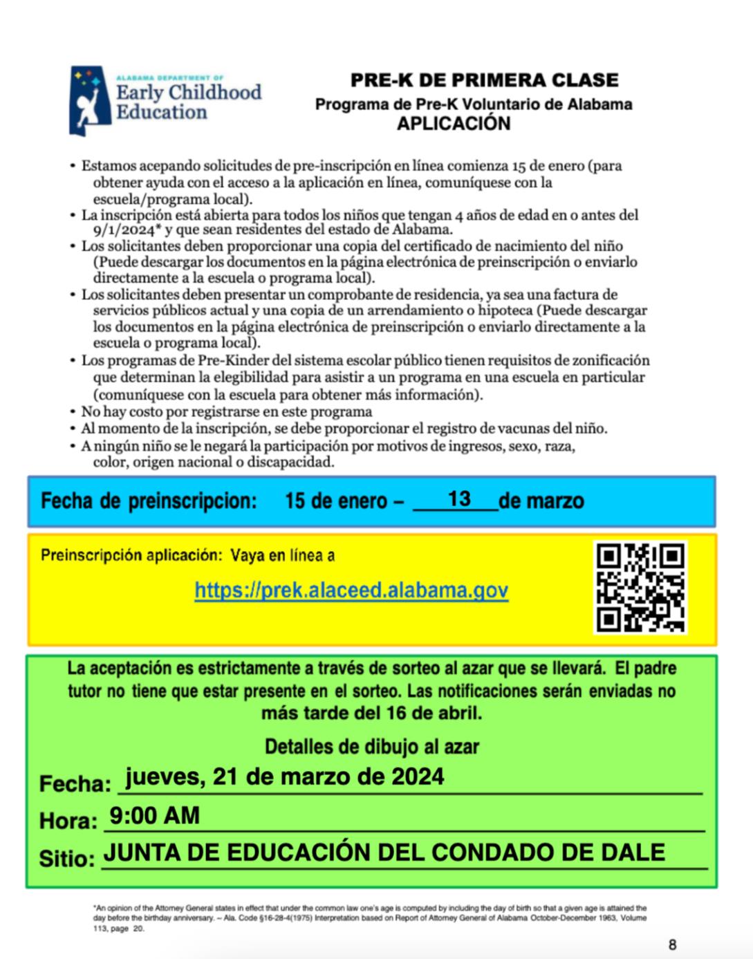 Pre-K registration information (Spanish)