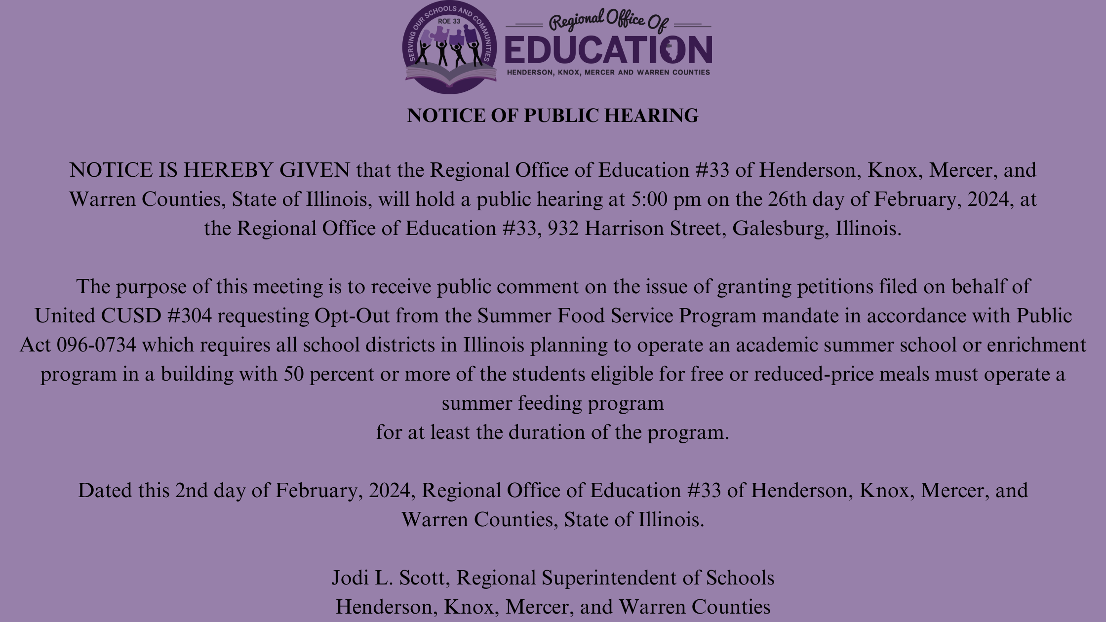 A note documenting the public hearing happening soon 