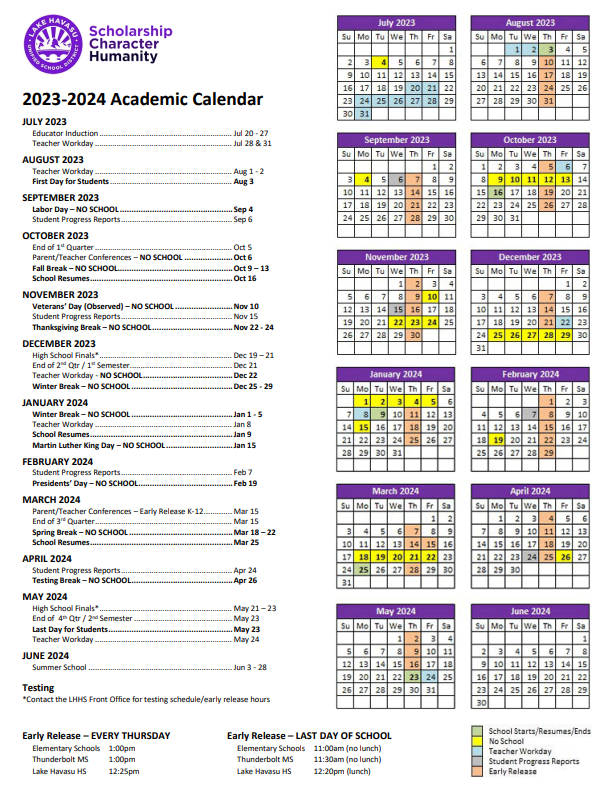 sample of the print version of a district academic calendar