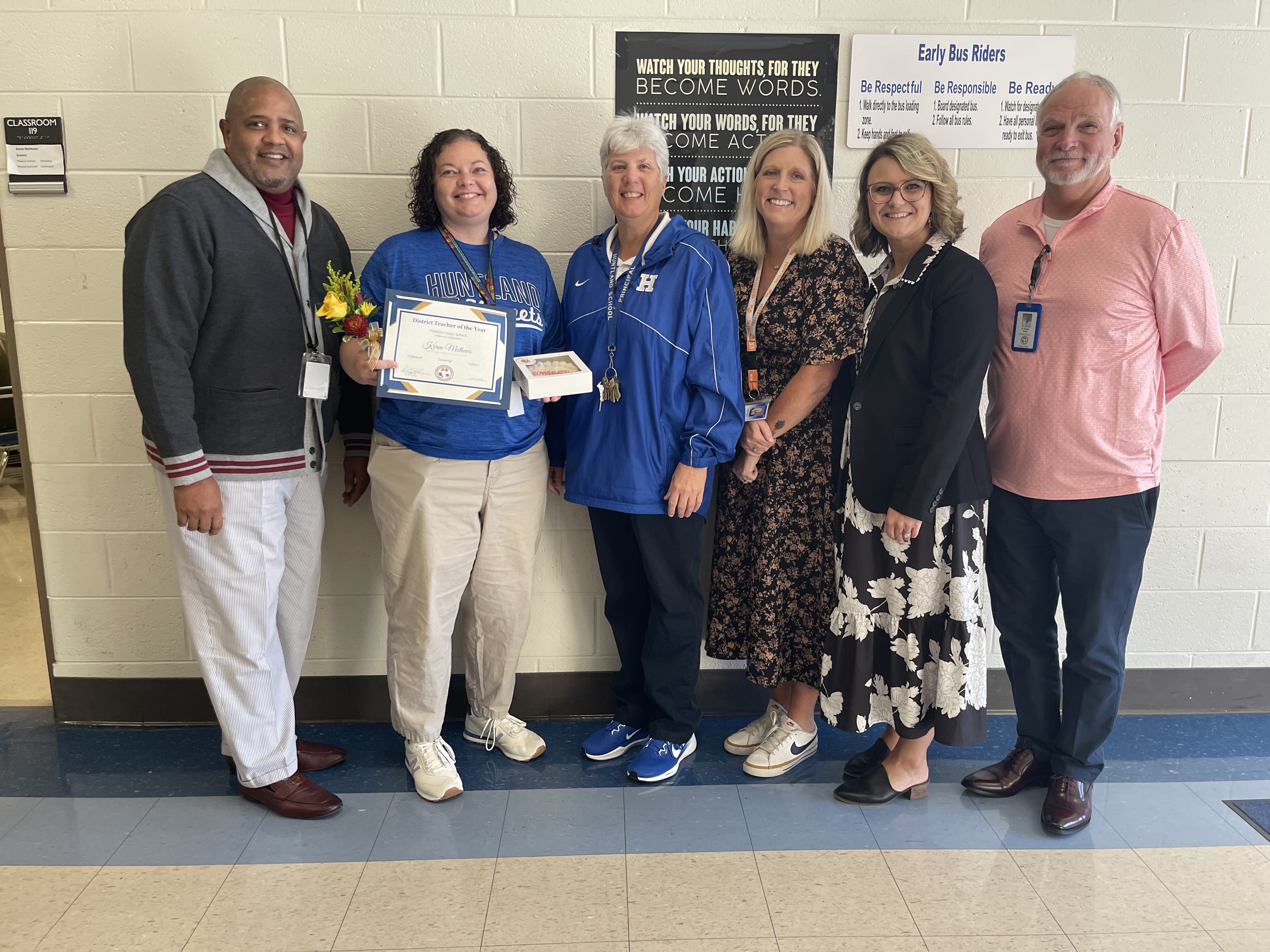 Photo of Karen Mathews being presented with the Franklin County District Teacher of the Year, from left to right is Director of Schools- Dr. Cary Holman, Teacher of the Year- Mrs. Karen Mathews, Principal of Huntland Schools- Ms. Lisa Crabtree, Assistant Principal of Huntland Schools- Mrs. Sara Beth Spray, District Supervisor- Mrs. Rachel Shields, Director of Human Resources/Deputy Director of Schools- Dr. Roger Alsup   