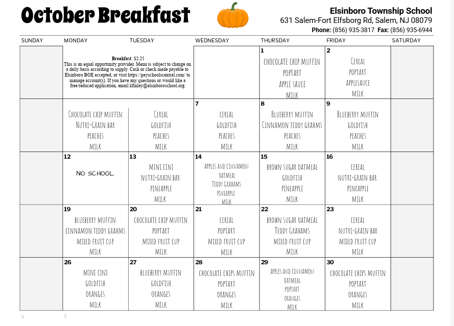 breakfast menu october