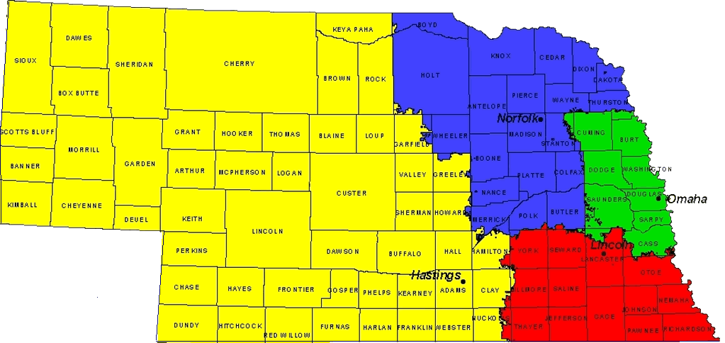 Nebraska Map with colors to show the regions