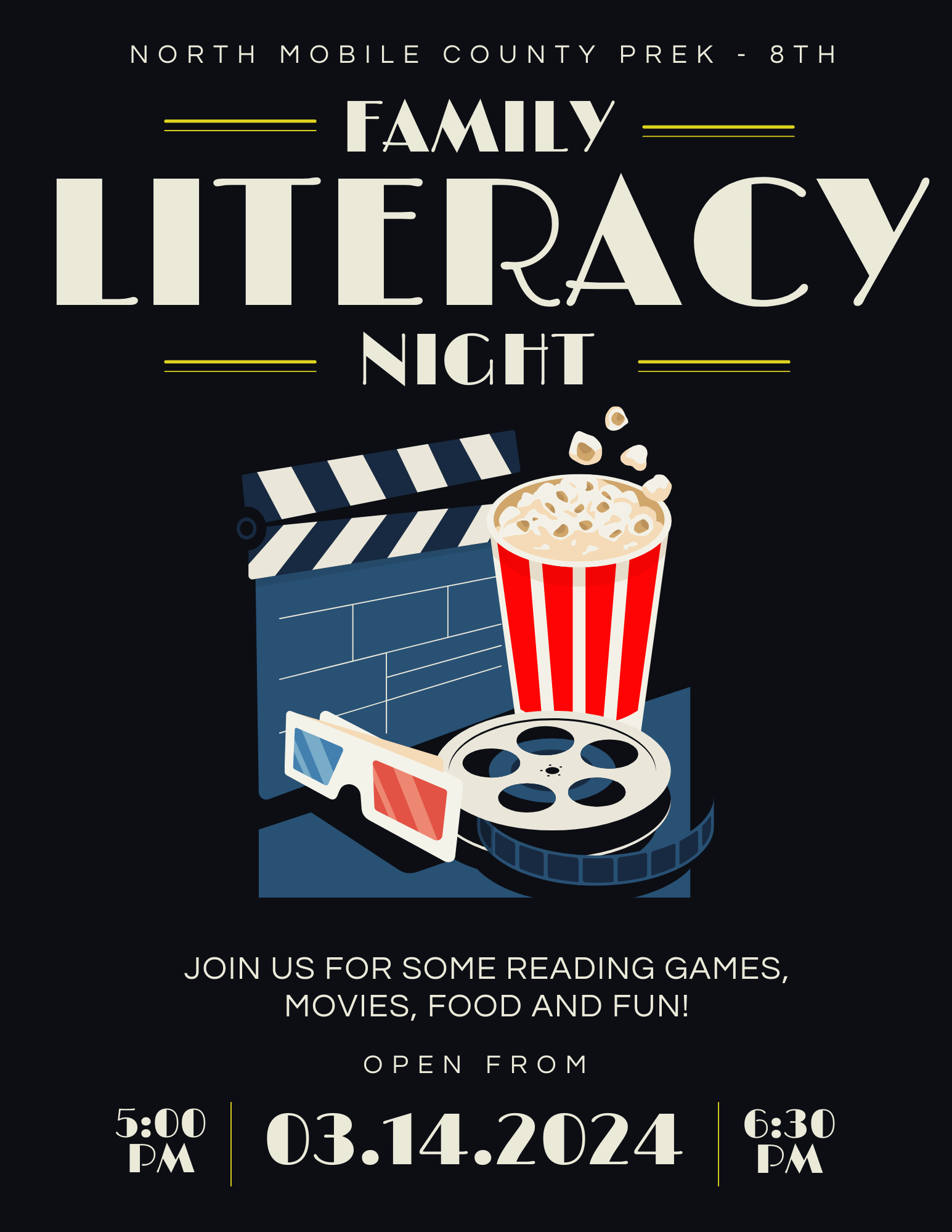 Literacy Night Flyer  Family Literacy Night March 14, 2024 Join us for reading games, movies, food and fun