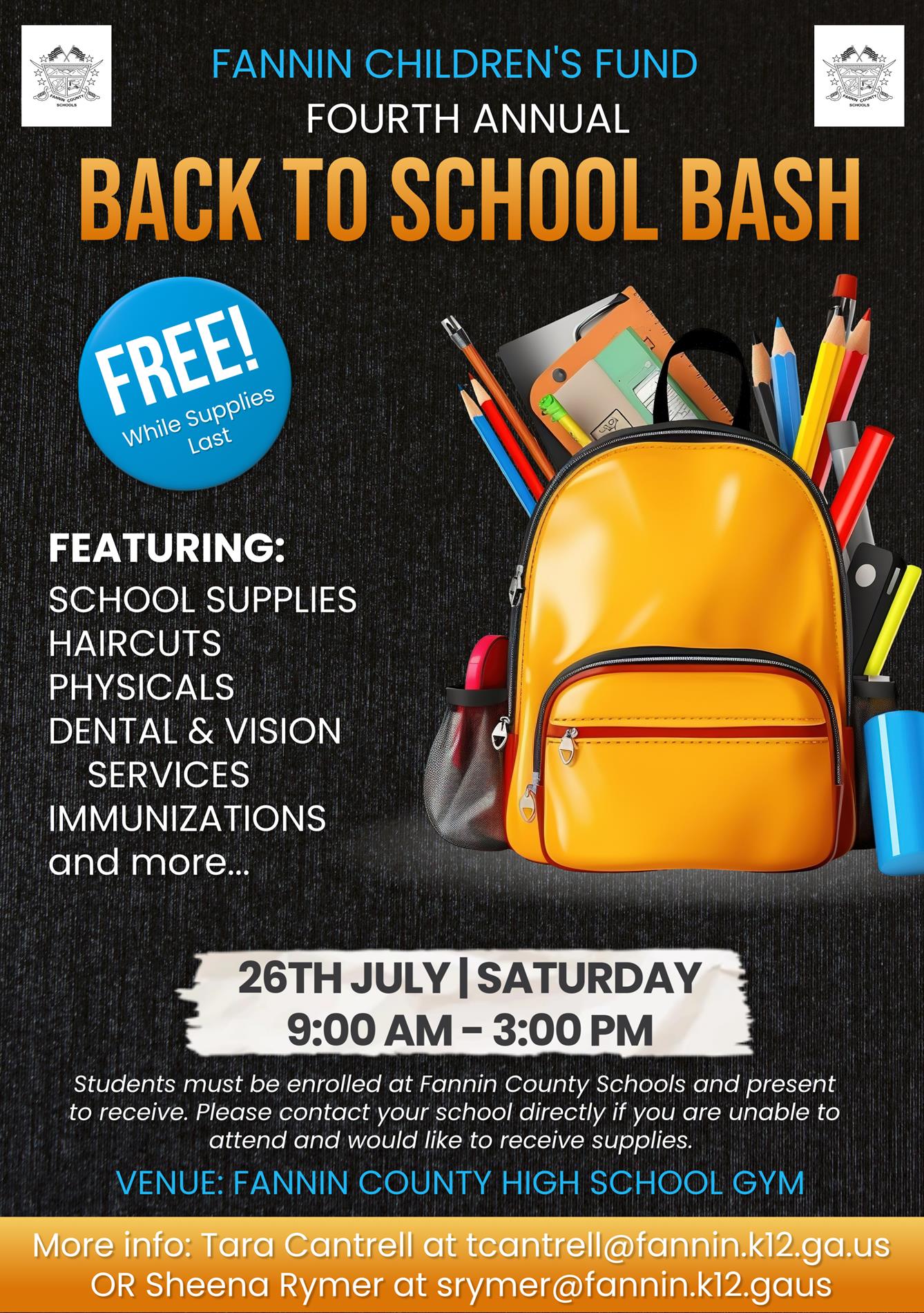 Back to school bash- yellow backpack with school supplies