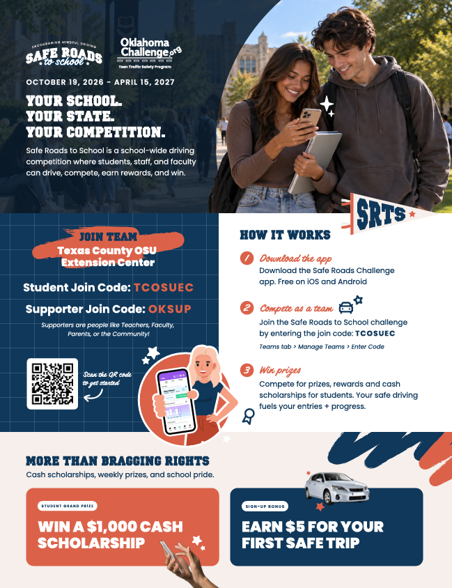 A pamphlet-style image containing information on the Safe Roads to School driving competition. It includes a QR code to scan and a How It Works session.