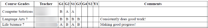 chart showing course grades and comments by marking periods, semesters, and year