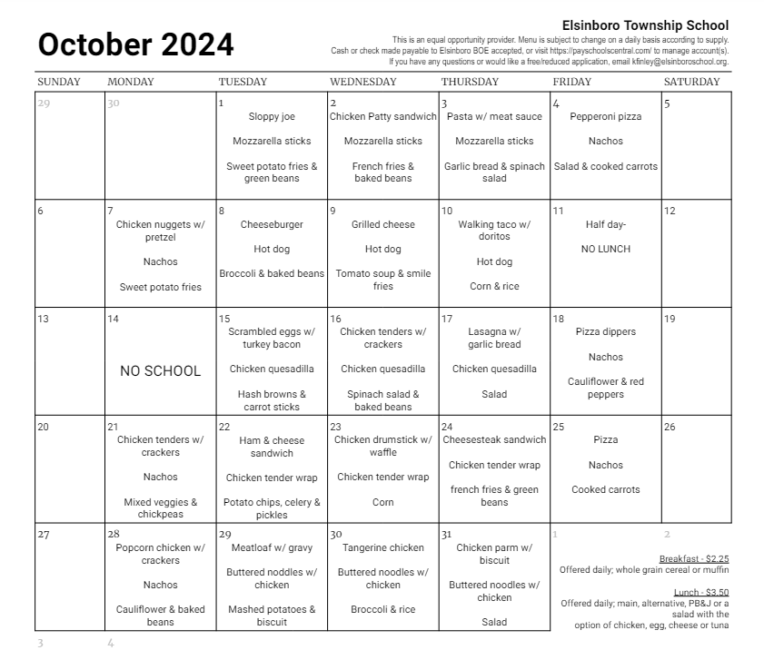 lunch menu october