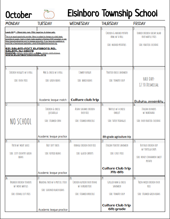 lunch menu october