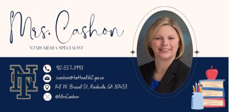 Picture of Media Specialist Mrs. Cashon and Contact Information